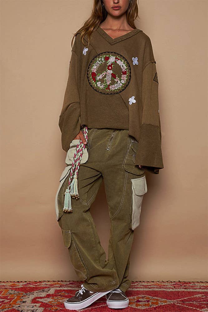 Peace Embroidered Vintage Rolled Hem Pullover Top