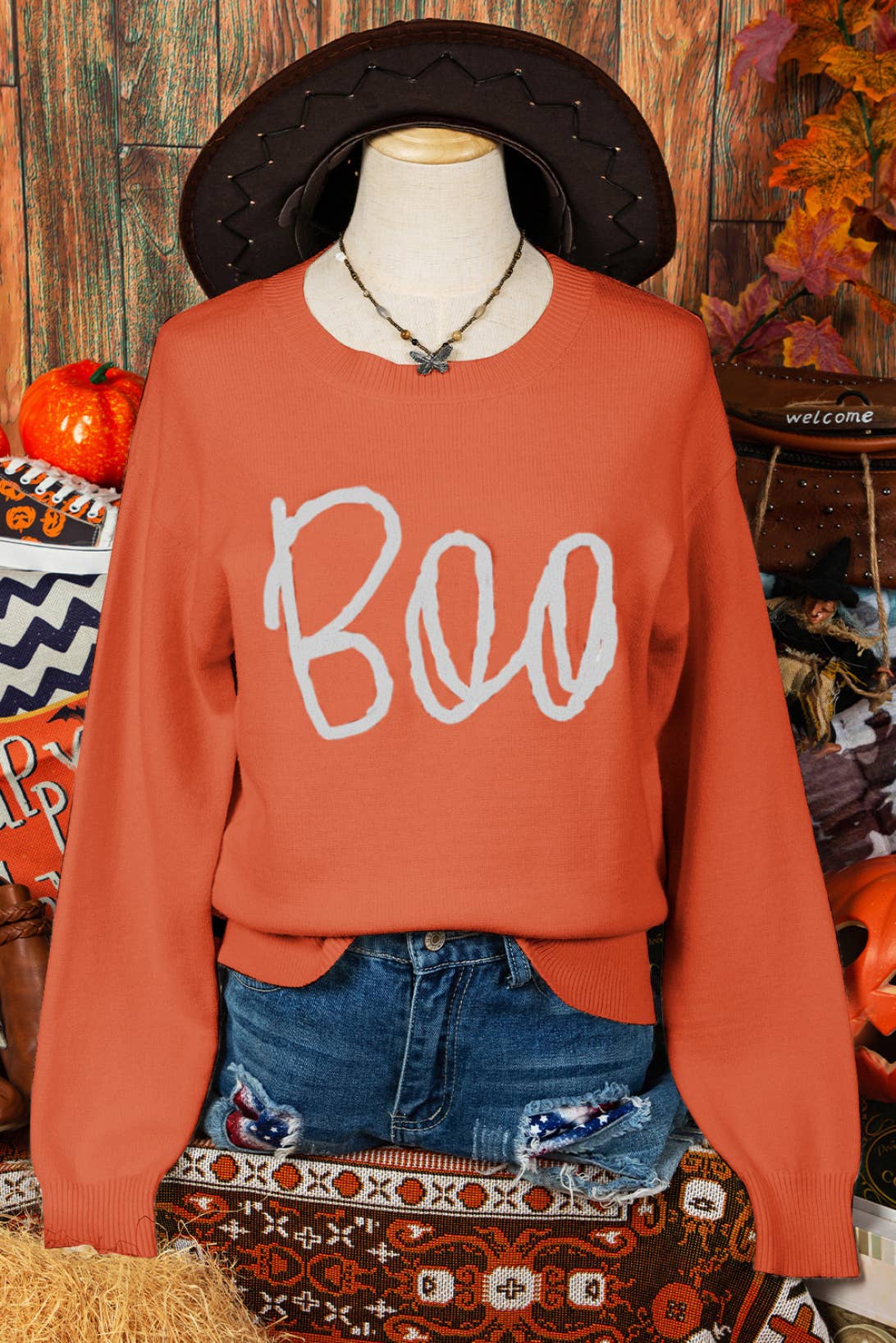 Boo Knitted Ribbed Edge Drop Shoulder Halloween Sweater