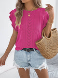 Knit Hollow-Out Cable Contrast Ruffle Trim Top