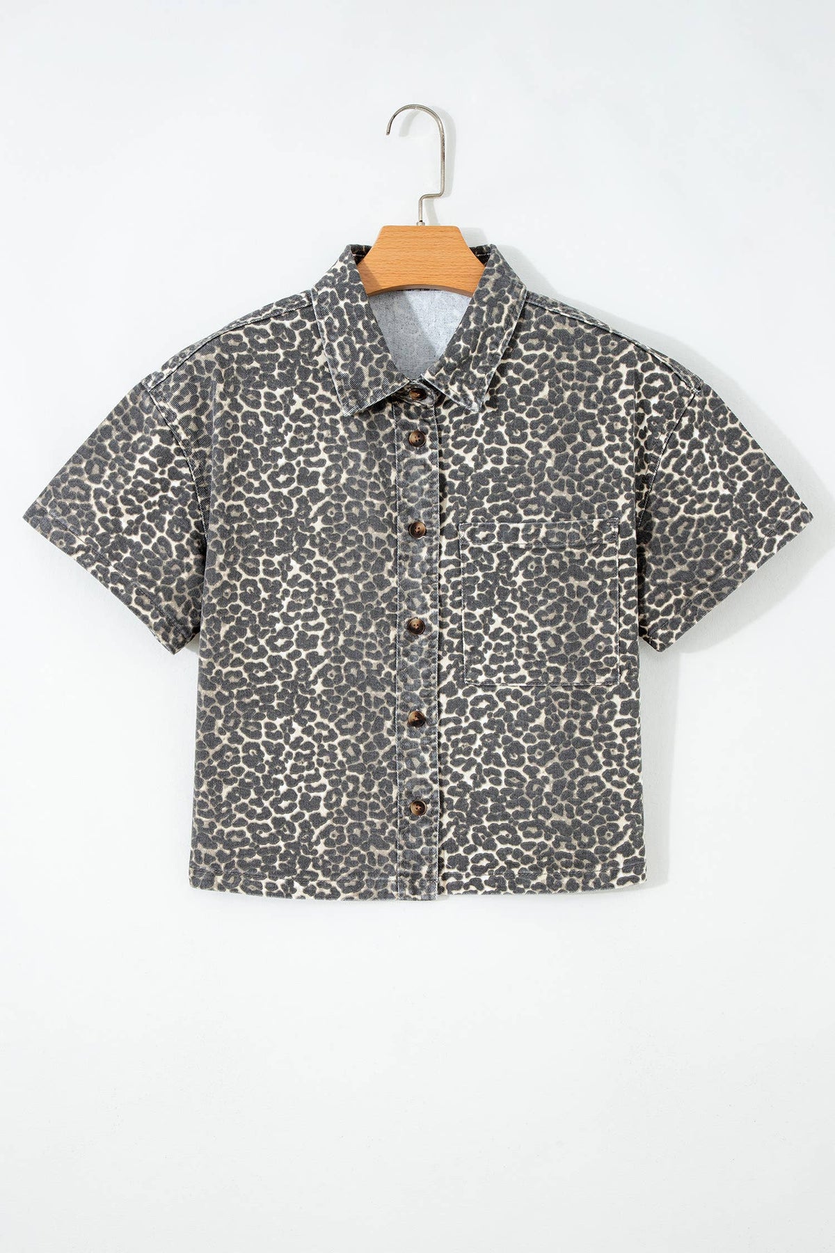 PRETTY BASH Leopard Denim Short Sleeve Button Cropped Shirt