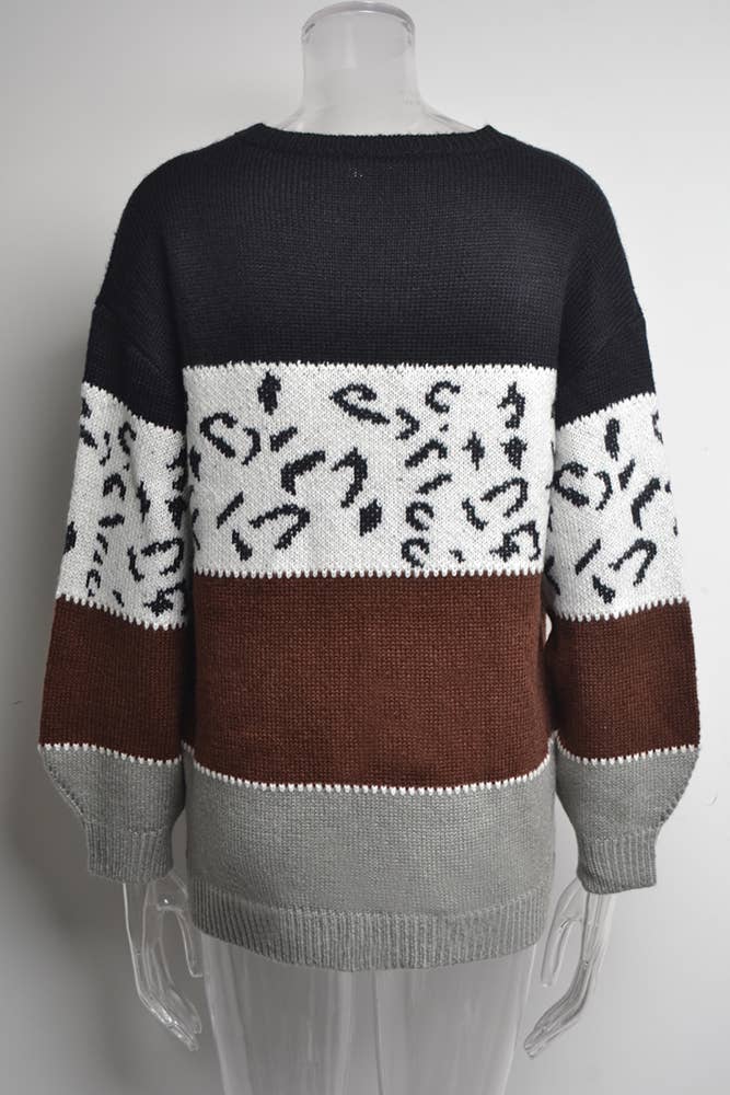 Leopard Print Color Block Long Sleeve Sweater