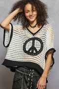 Oversize V-neck Short Sleeve Peace Sign Sweater