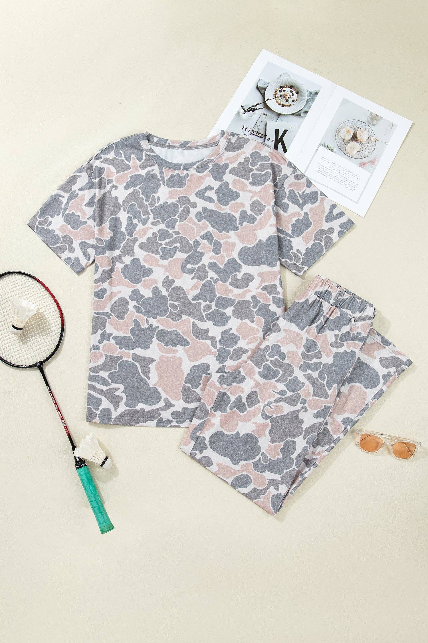 PRETTY BASH Camo Short Sleeve Top & Wide Leg Pants Set