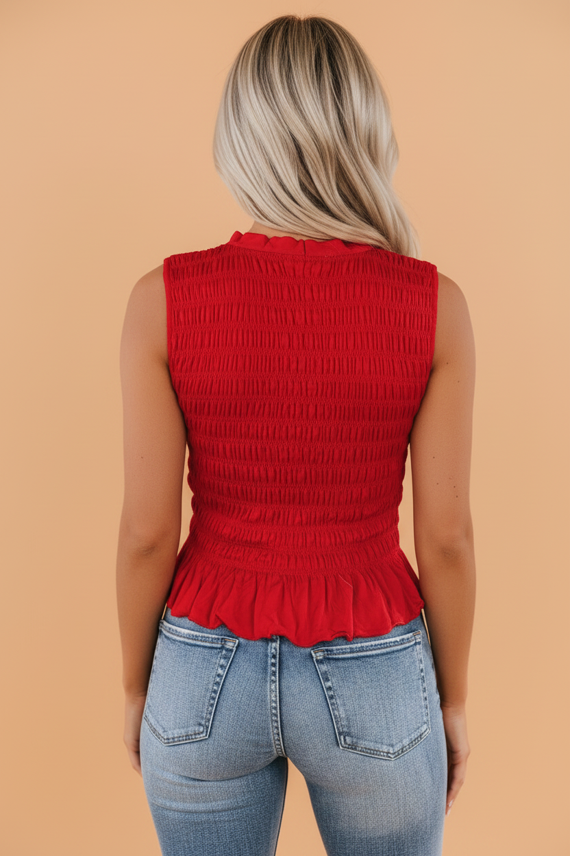 Solid Shirred Ruffle Peplum Hem Tank Top