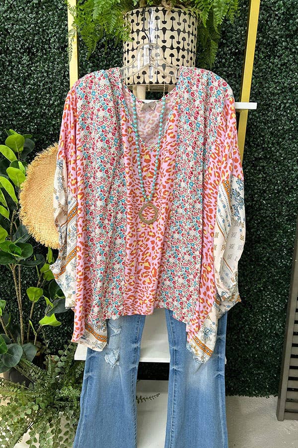 Color Block Patchwork Leopard Floral Bat Wing Sleeve Blouse