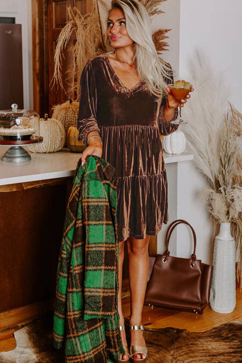 Chicory Coffee Solid Color Velvet V Neck Long Sleeve Tiered Mini Dress