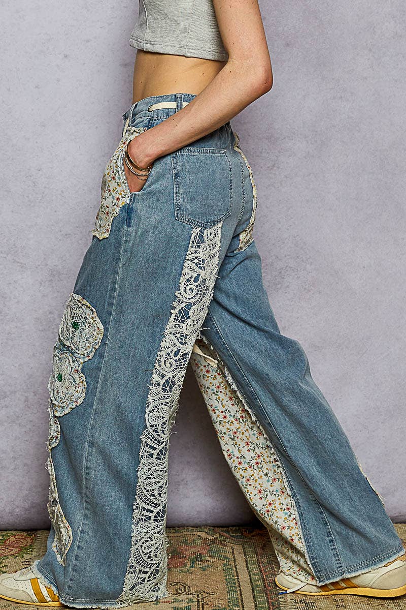 Drawstring Floral Patch Denim Pants
