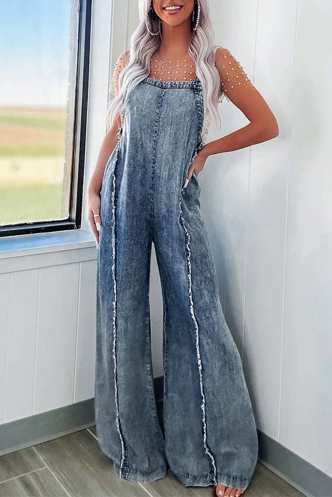 Washed Raw Hem One Piece Wide Leg Jumpsuit Overall YYNZ020