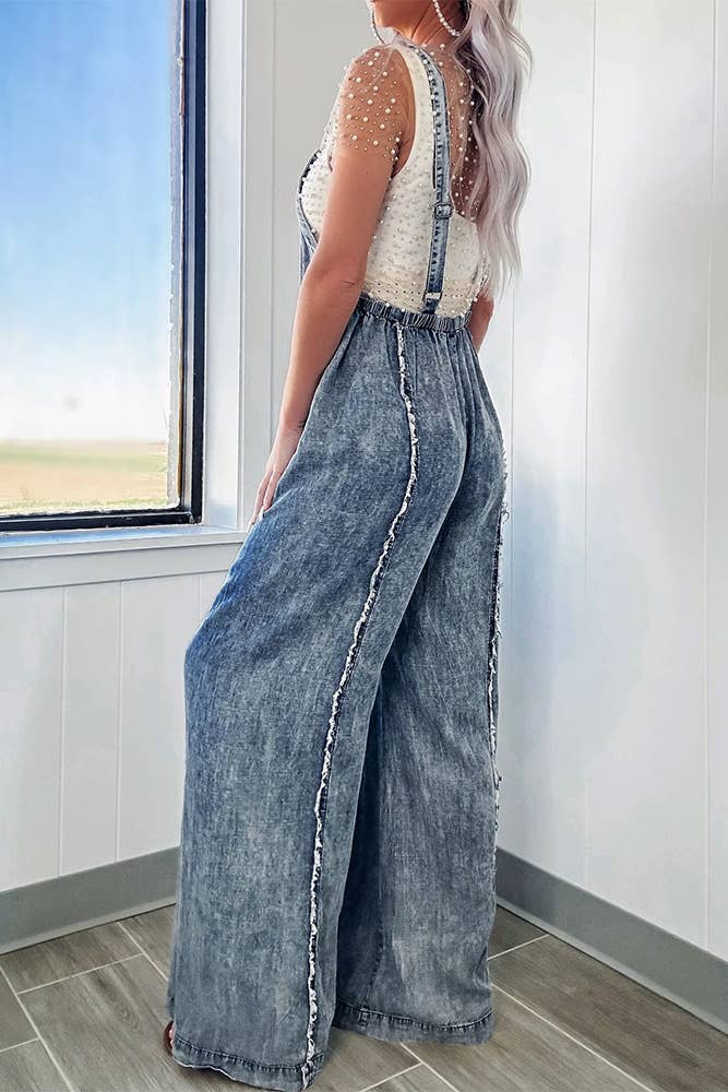Washed Raw Hem One Piece Wide Leg Jumpsuit Overall YYNZ020