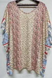 Color Block Patchwork Leopard Floral Bat Wing Sleeve Blouse