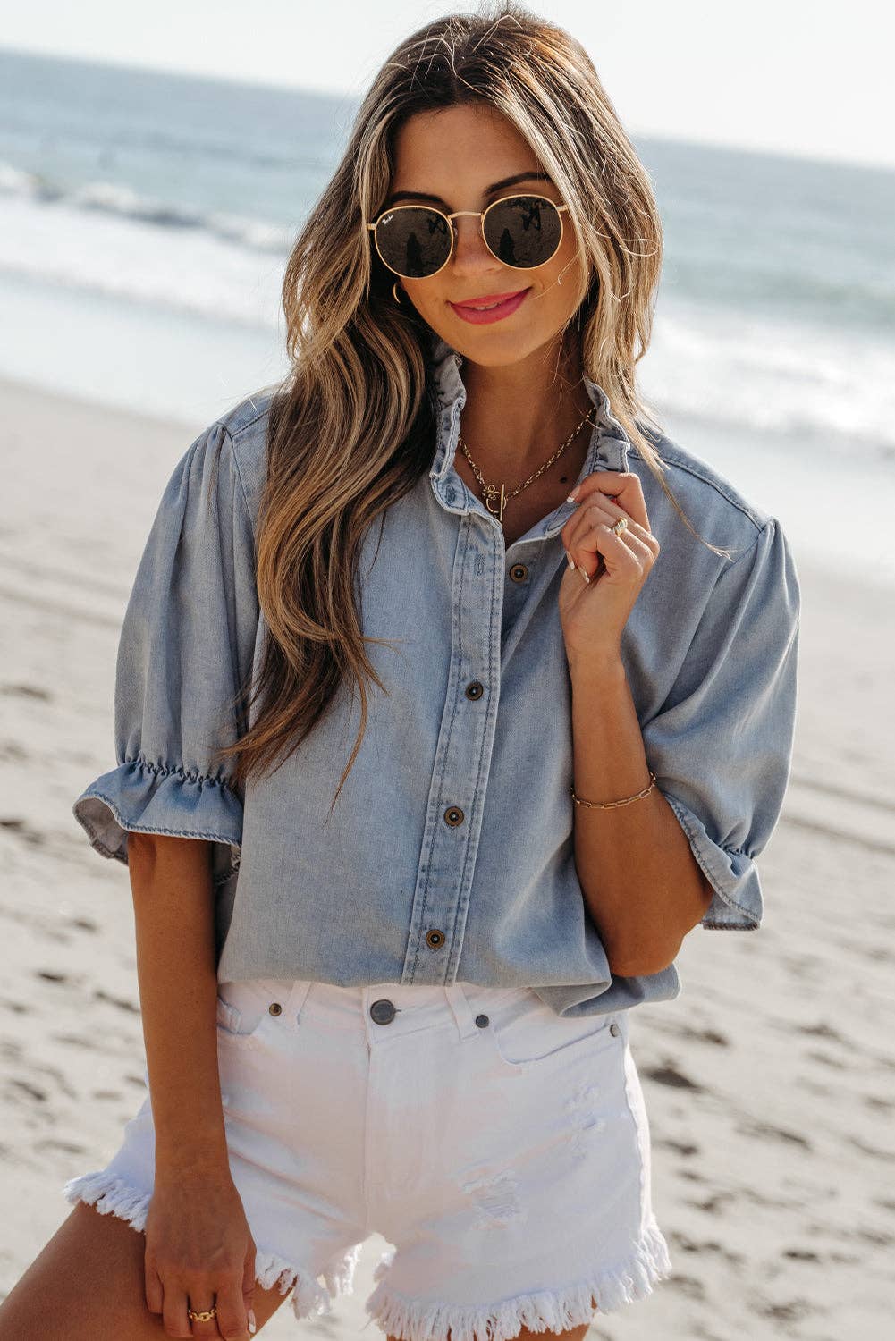 PRETTY BASH Chambray Ruffle Short Puff Sleeve Buttoned Shirt