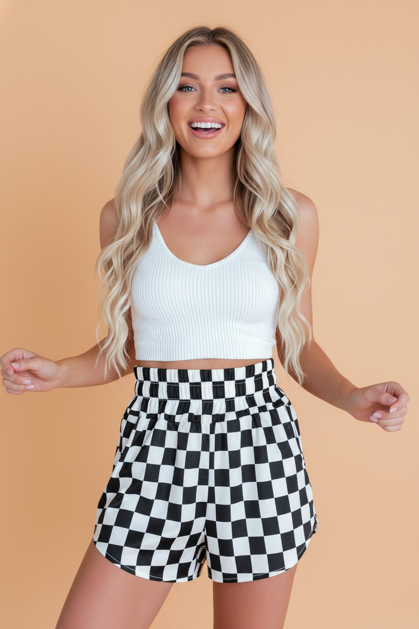 PRETTY BASH Checker High Waist Casual Shorts
