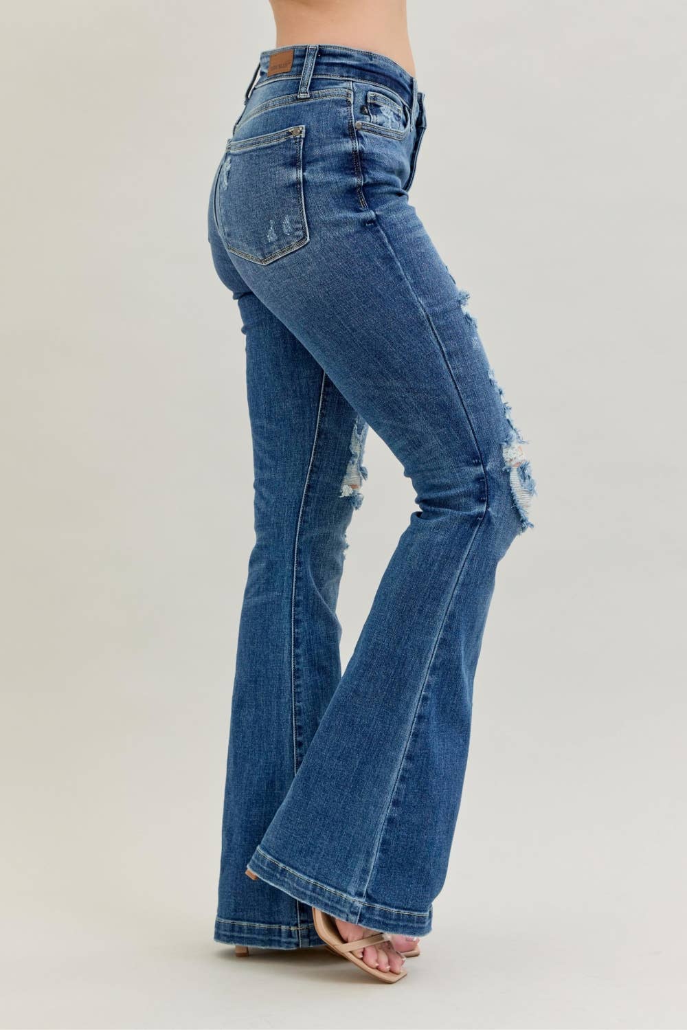 Midrise Button Fly Distressed Trouser Flare