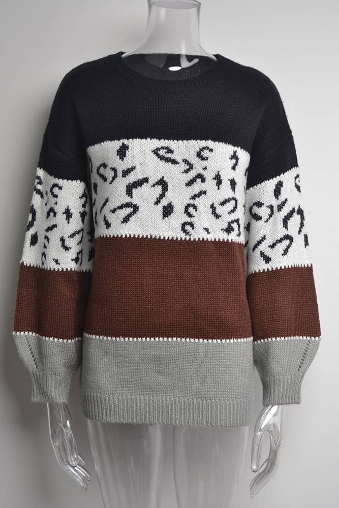 Leopard Print Color Block Long Sleeve Sweater