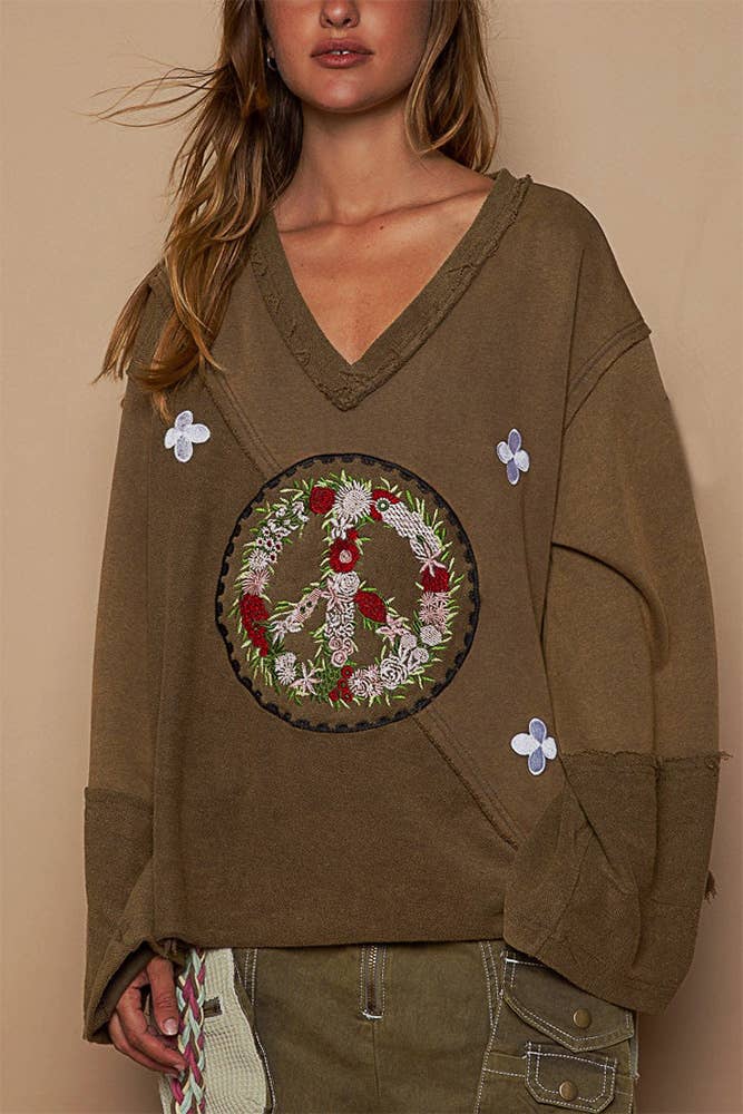 Peace Embroidered Vintage Rolled Hem Pullover Top
