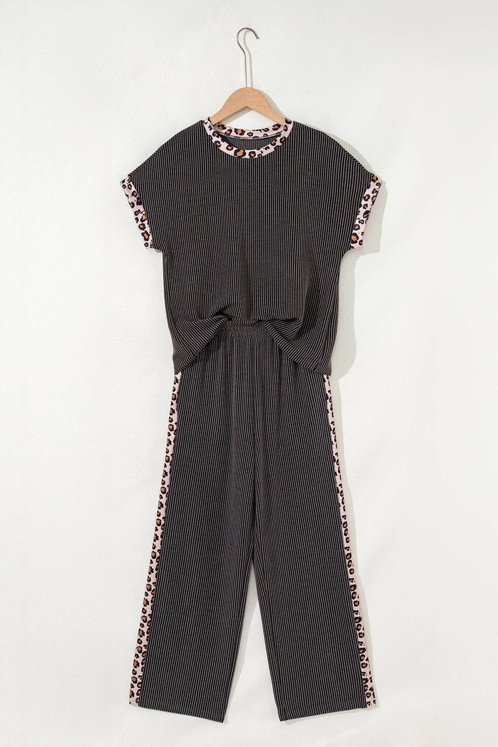 PRETTY BASH Leopard Patchwork Corded Knit Top & Pants Set