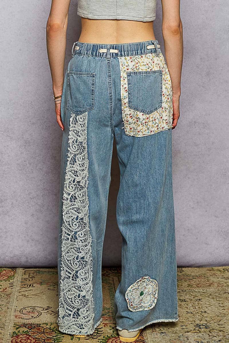 Drawstring Floral Patch Denim Pants