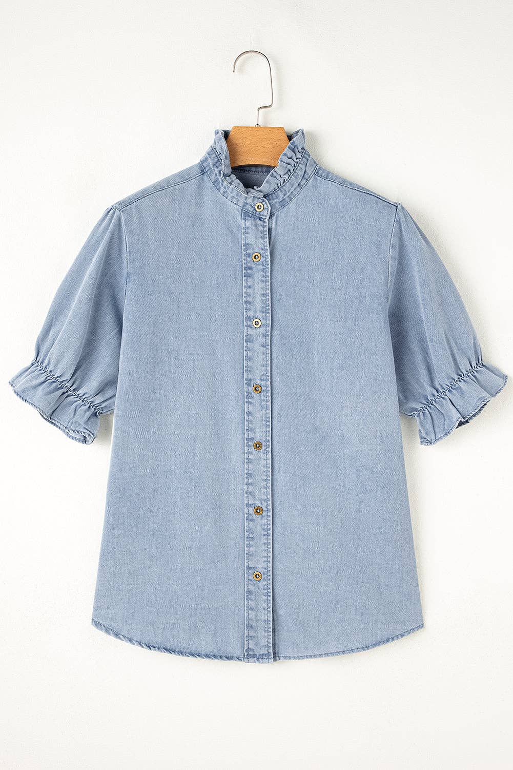 PRETTY BASH Chambray Ruffle Short Puff Sleeve Buttoned Shirt