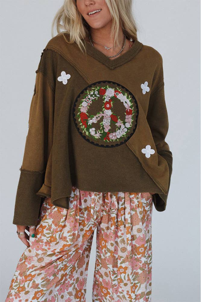 Peace Embroidered Vintage Rolled Hem Pullover Top