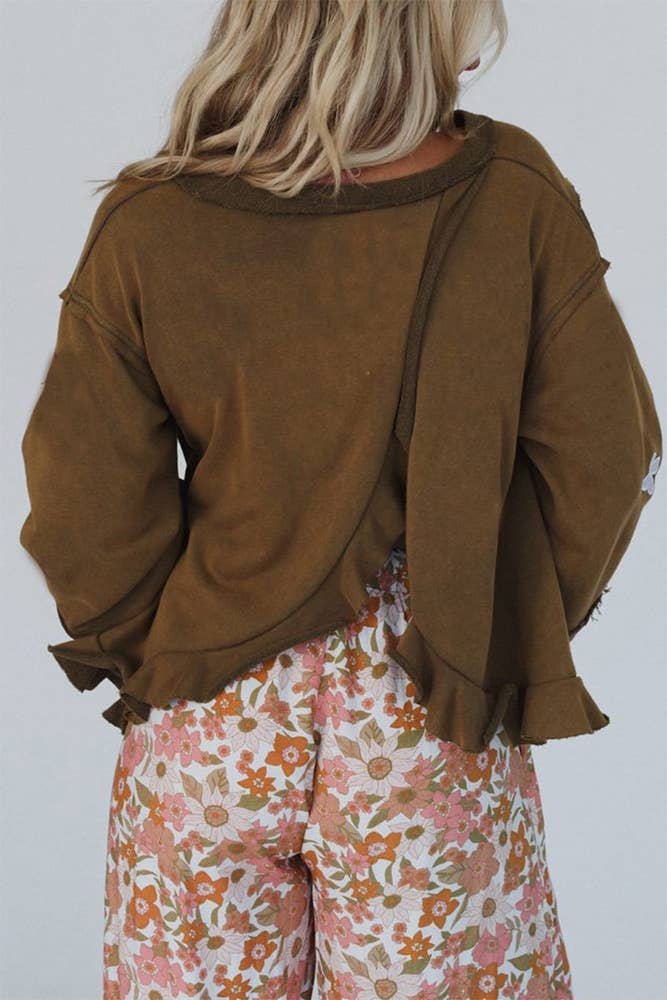 Peace Embroidered Vintage Rolled Hem Pullover Top