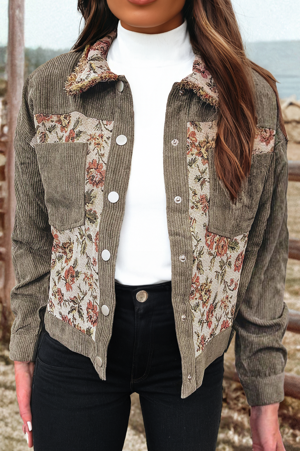 Fashion Rib Retro Floral Patchwork Shirt Style Jacket