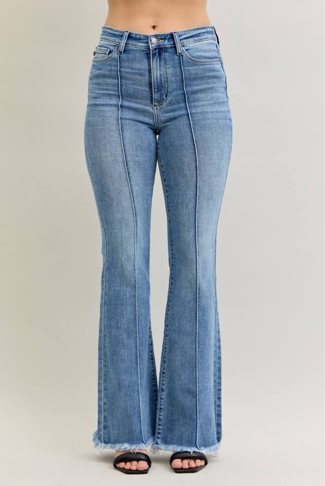 High Waisted Flare Front Pintuck Detail & Fray Hem