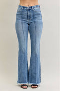 High Waisted Flare Front Pintuck Detail & Fray Hem