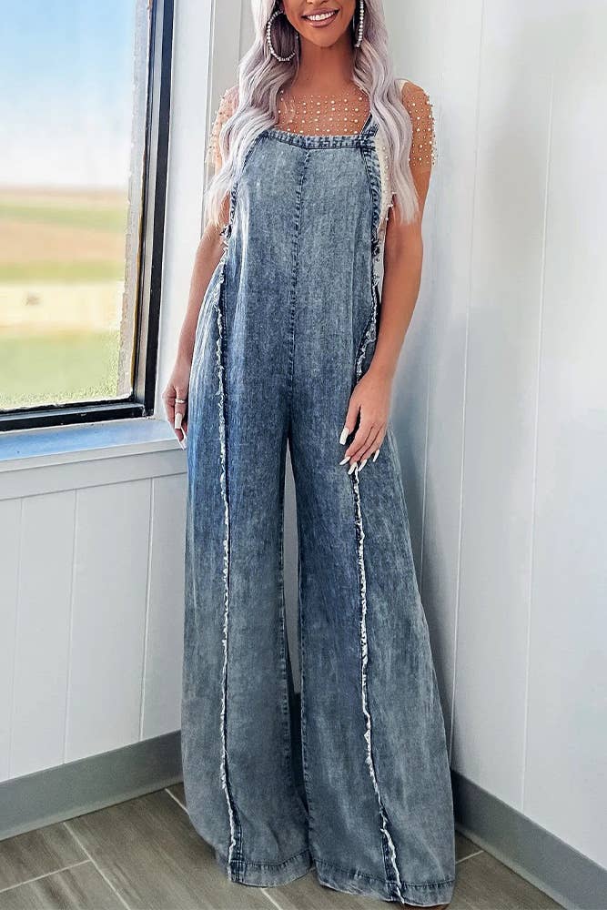 Washed Raw Hem One Piece Wide Leg Jumpsuit Overall YYNZ020