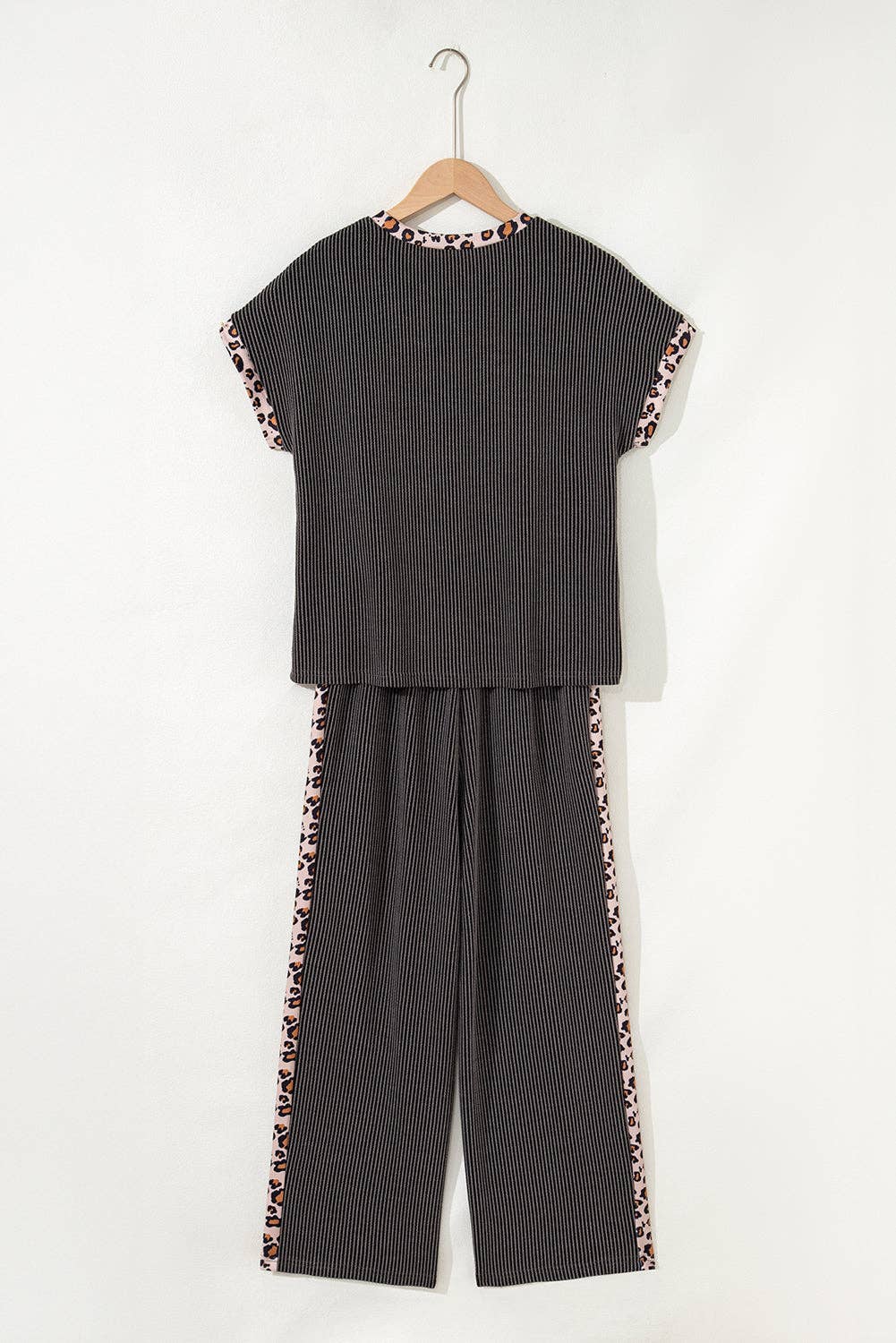 PRETTY BASH Leopard Patchwork Corded Knit Top & Pants Set