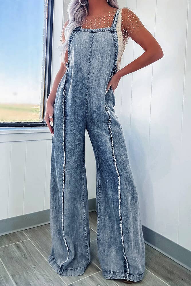 Washed Raw Hem One Piece Wide Leg Jumpsuit Overall YYNZ020
