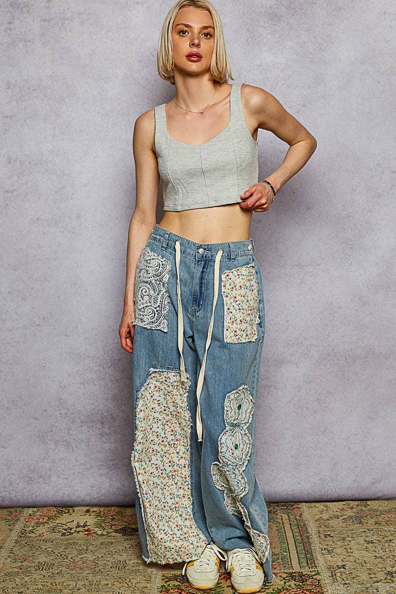 Drawstring Floral Patch Denim Pants