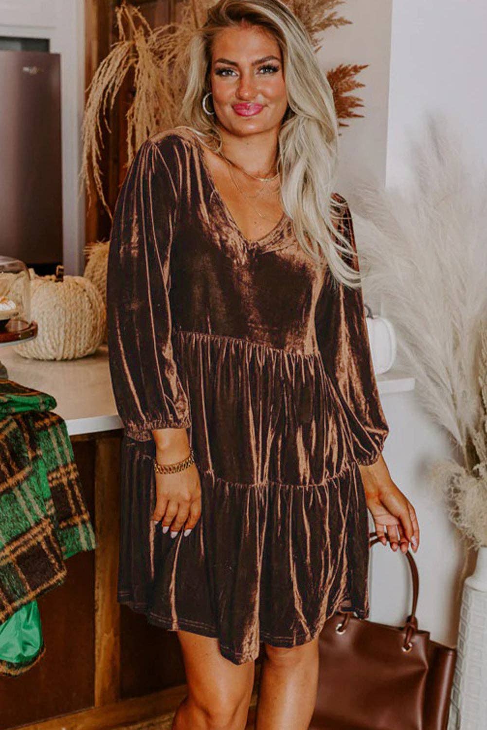 Chicory Coffee Solid Color Velvet V Neck Long Sleeve Tiered Mini Dress