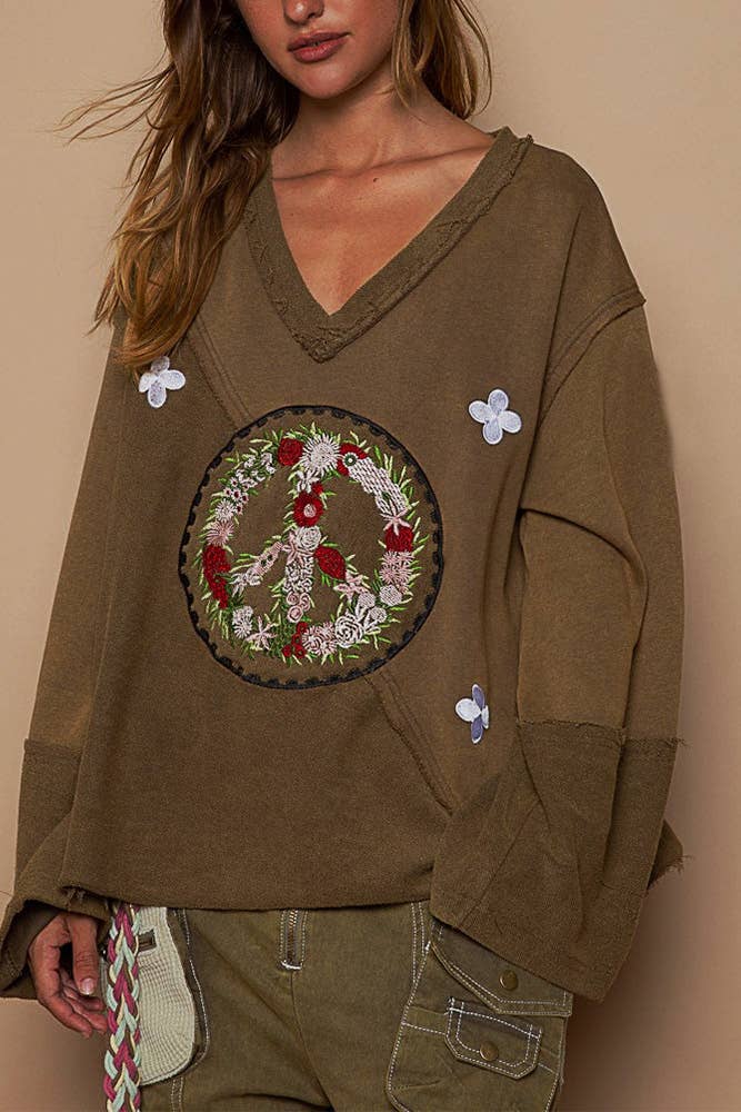 Peace Embroidered Vintage Rolled Hem Pullover Top