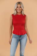 Solid Shirred Ruffle Peplum Hem Tank Top