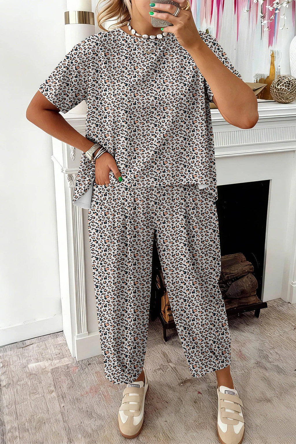 Leopard Loose Tee & Drawstring Waist Pants Set