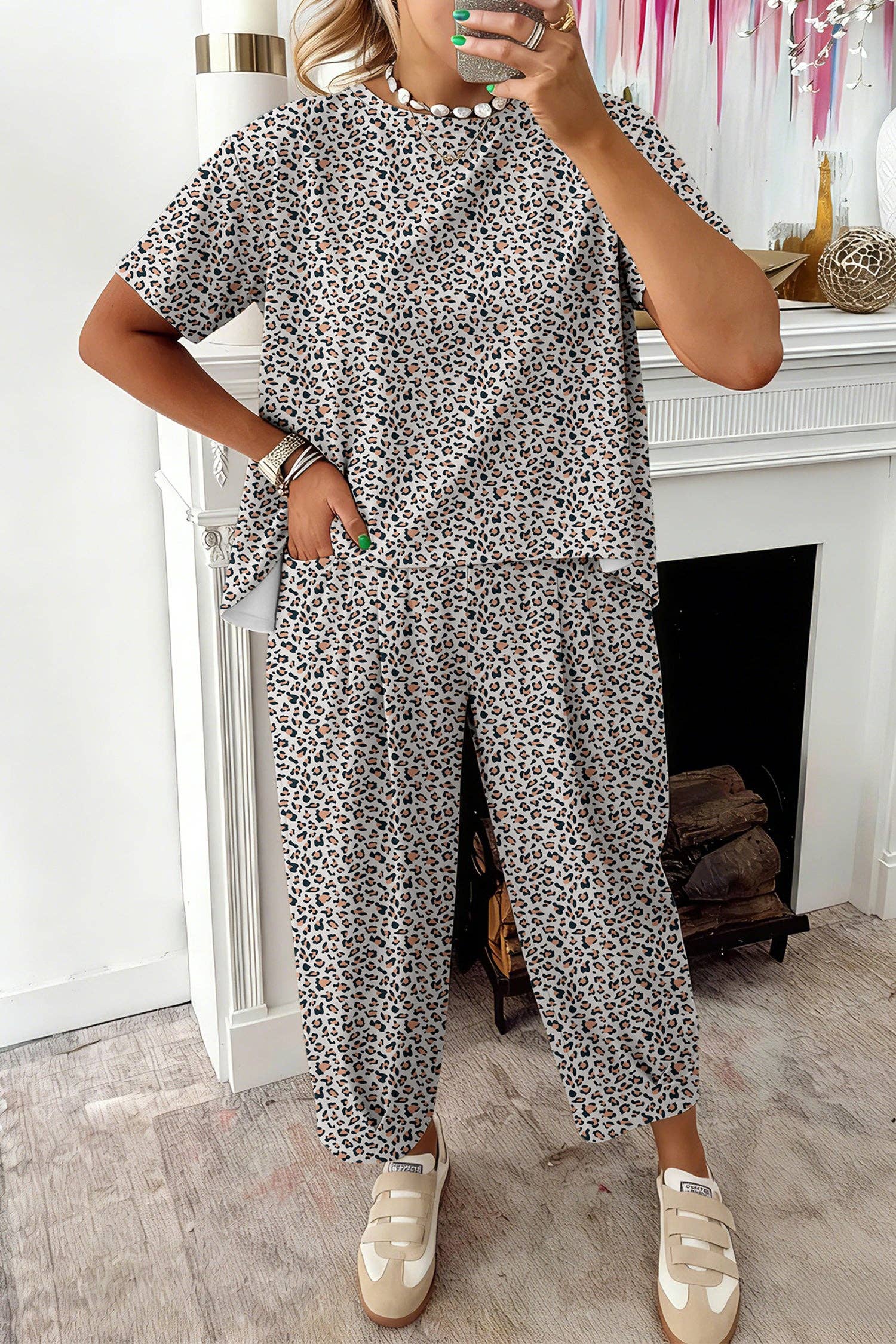 Leopard Loose Tee & Drawstring Waist Pants Set