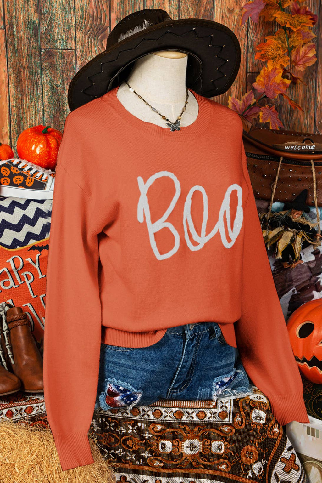 Boo Knitted Ribbed Edge Drop Shoulder Halloween Sweater