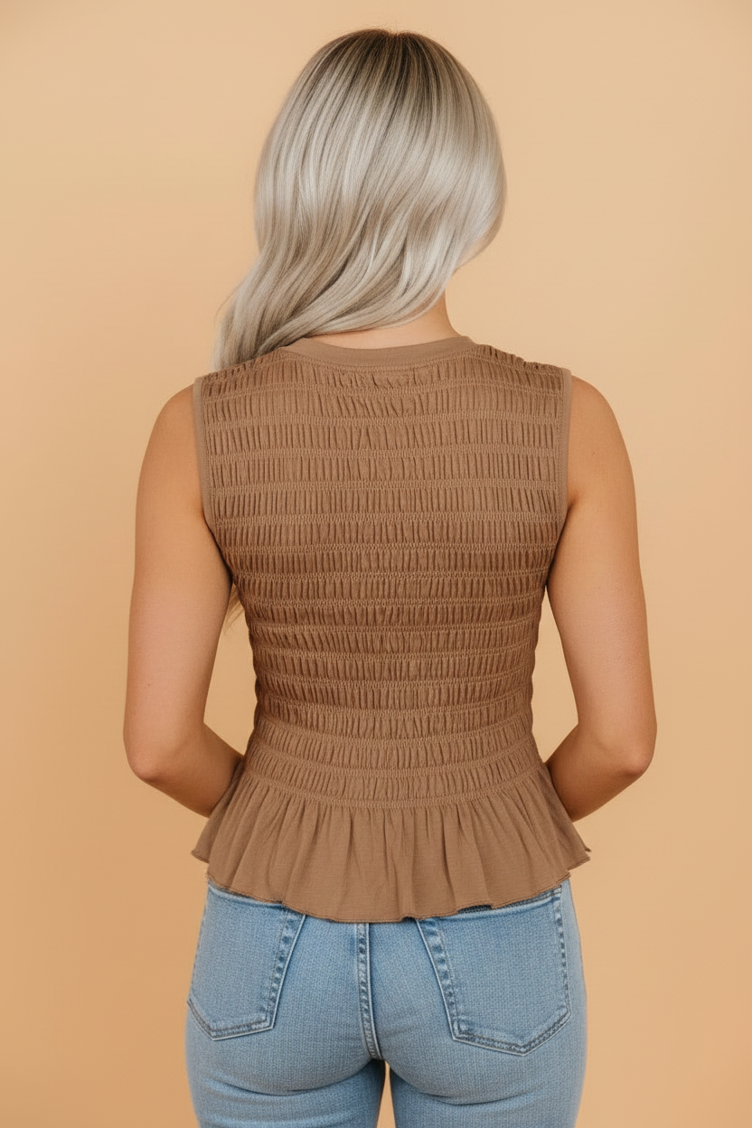 Solid Shirred Ruffle Peplum Hem Tank Top