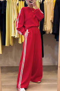 Black Varsity Striped Detail Crewneck Pullover Elastic Sweatpants 2pcs Outfit