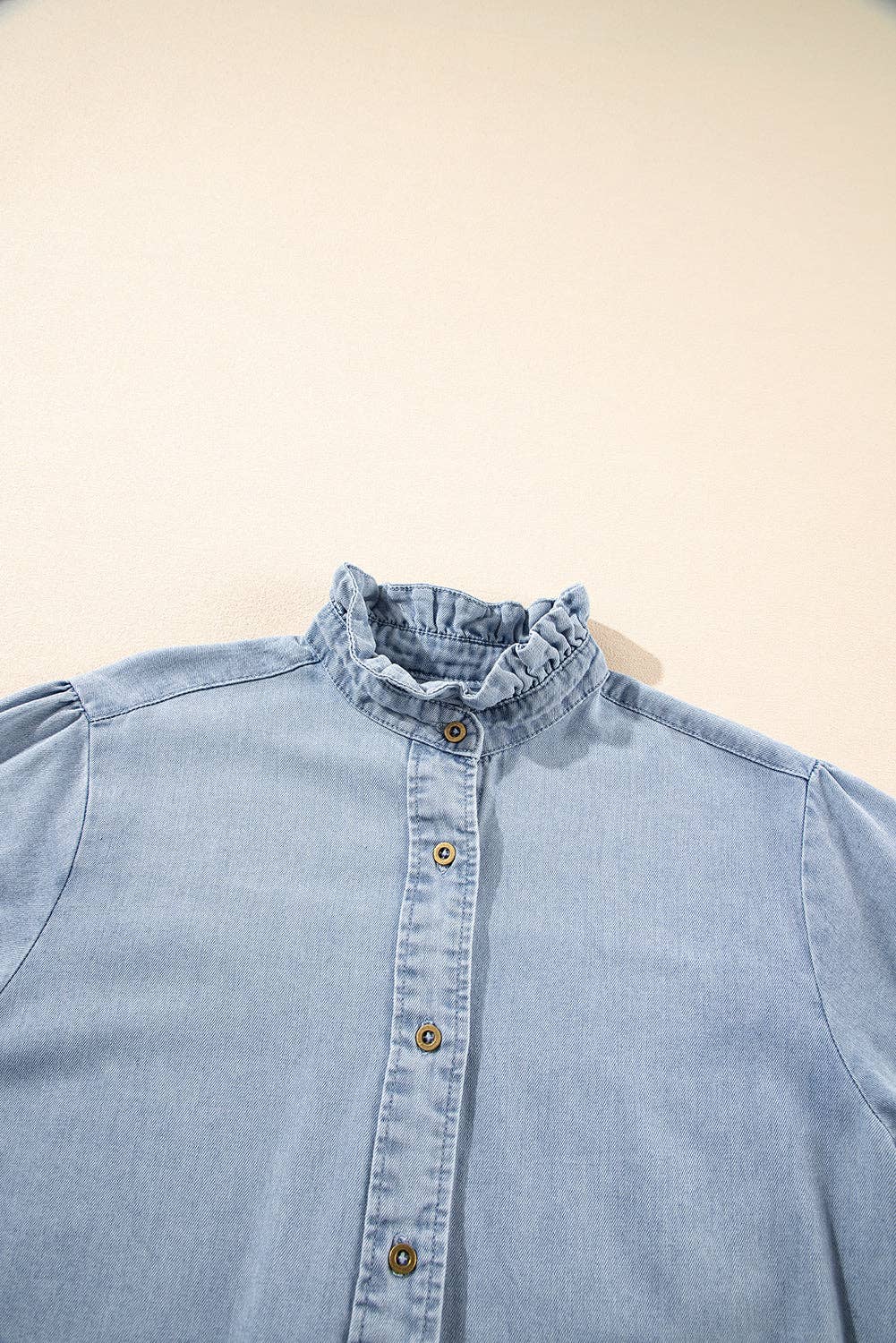 PRETTY BASH Chambray Ruffle Short Puff Sleeve Buttoned Shirt