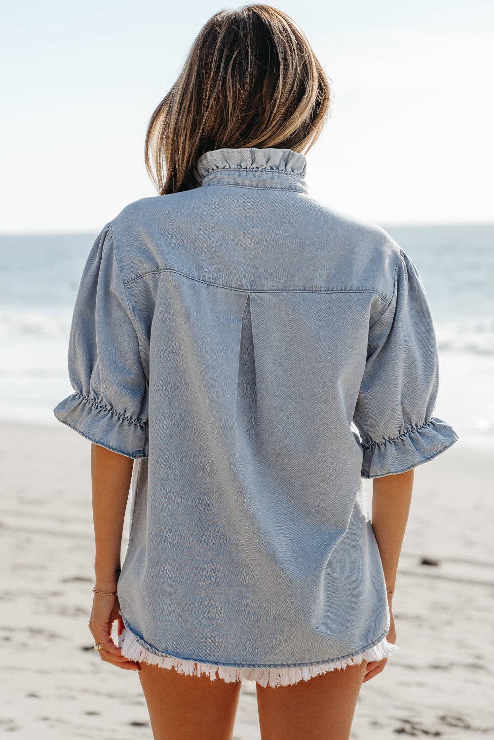 PRETTY BASH Chambray Ruffle Short Puff Sleeve Buttoned Shirt