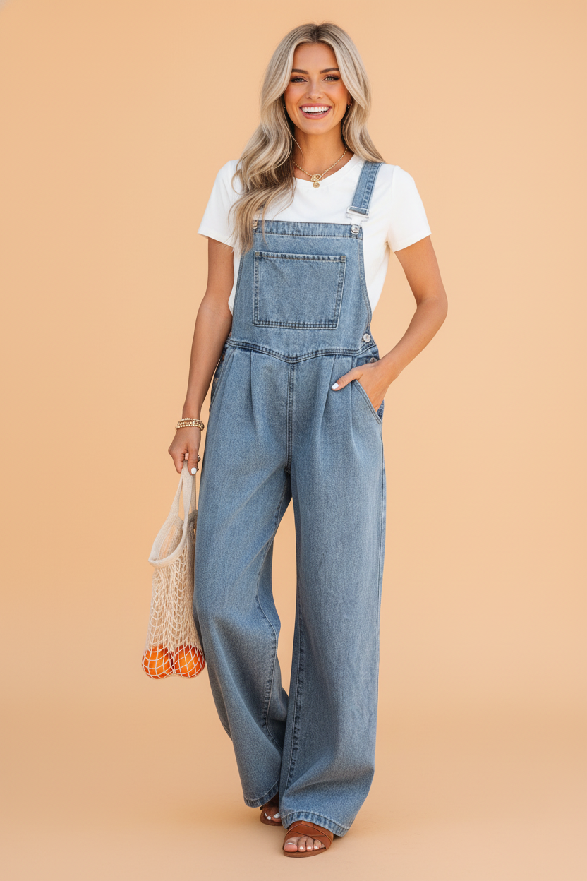 PRETTY BASH Pleated Wide Leg Pocketed Denim Jumpsuit