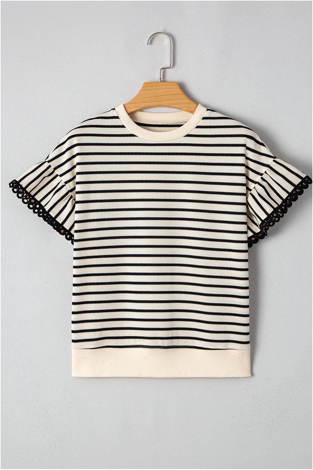 PRETTY BASH Stripe Scallop Lace Trim Ruffle Top