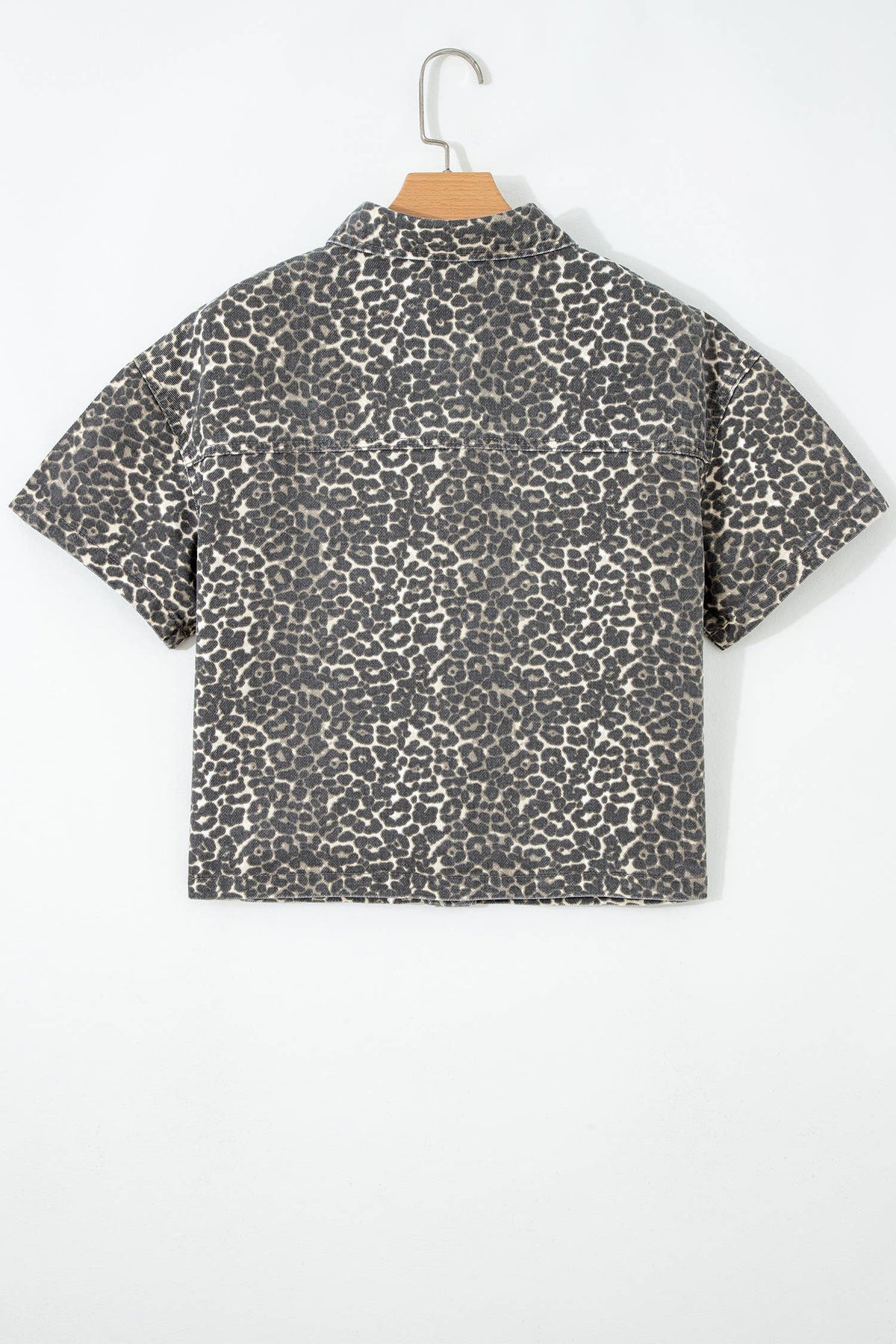 PRETTY BASH Leopard Denim Short Sleeve Button Cropped Shirt