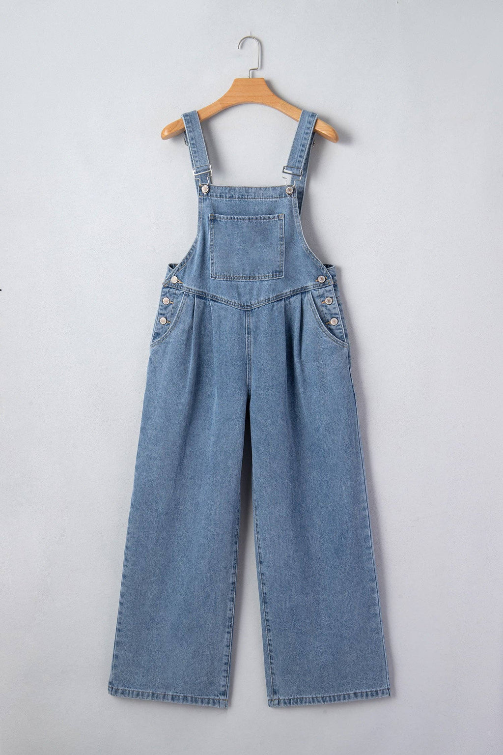PRETTY BASH Pleated Wide Leg Pocketed Denim Jumpsuit
