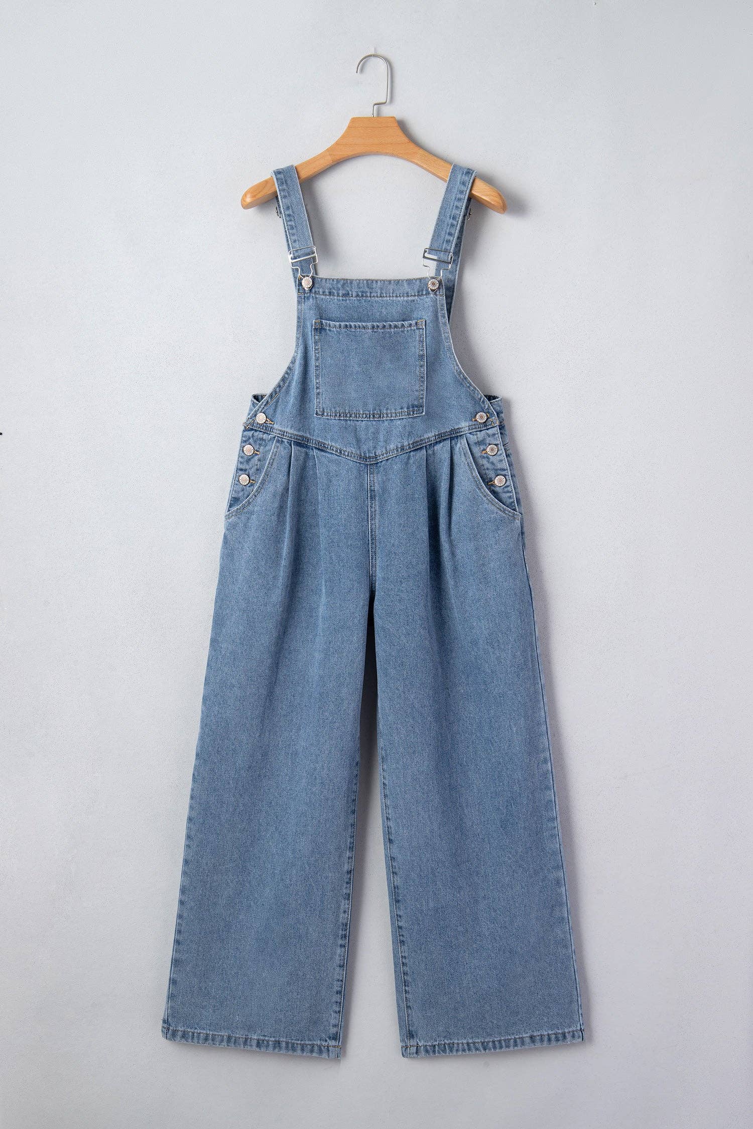 PRETTY BASH Pleated Wide Leg Pocketed Denim Jumpsuit