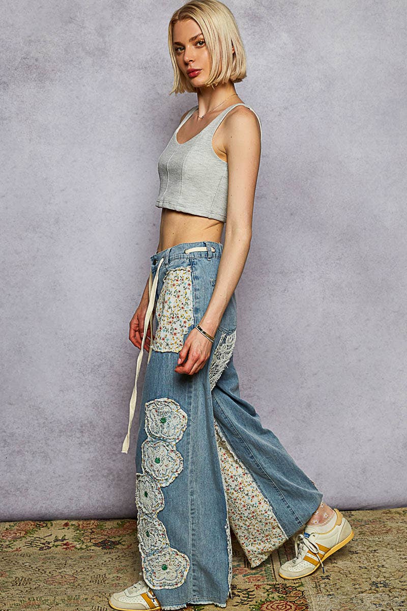 Drawstring Floral Patch Denim Pants