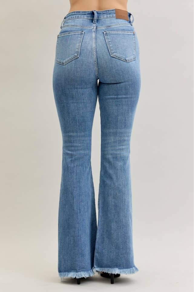 High Waisted Flare Front Pintuck Detail & Fray Hem