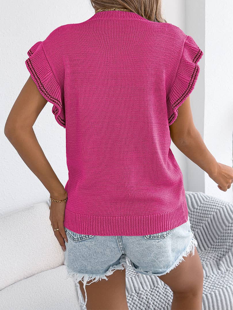 Knit Hollow-Out Cable Contrast Ruffle Trim Top