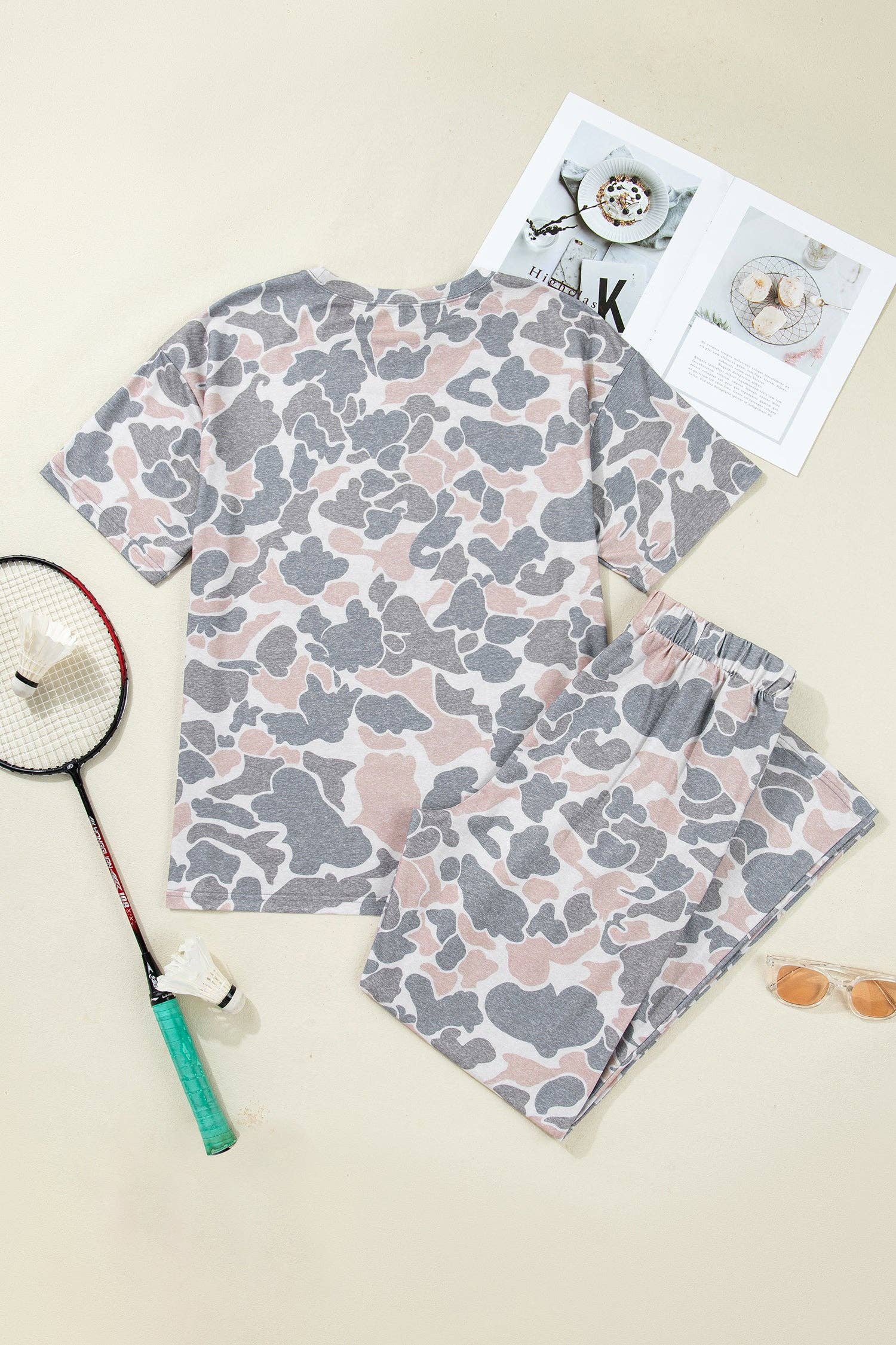 PRETTY BASH Camo Short Sleeve Top & Wide Leg Pants Set